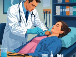 A doctor in a white coat examining a patient in a clinical room with medical instruments and evidence collection tools nearby.