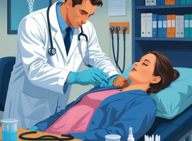 A doctor in a white coat examining a patient in a clinical room with medical instruments and evidence collection tools nearby.