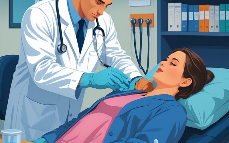 A doctor in a white coat examining a patient in a clinical room with medical instruments and evidence collection tools nearby.