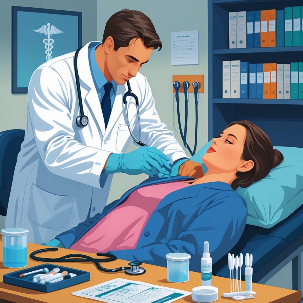 A doctor in a white coat examining a patient in a clinical room with medical instruments and evidence collection tools nearby.