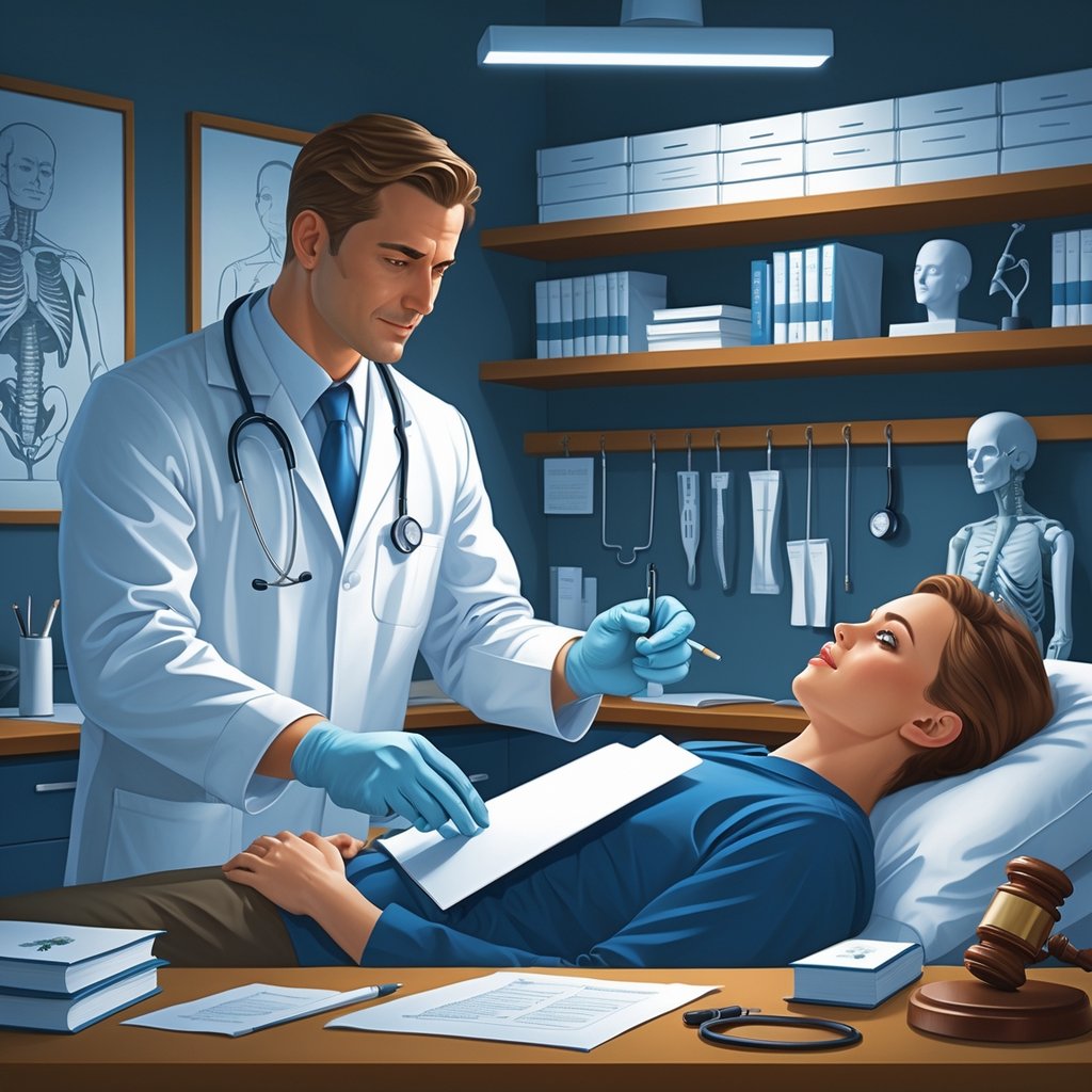 A doctor in a white coat examining a patient in a clinical room with medical and legal items nearby.