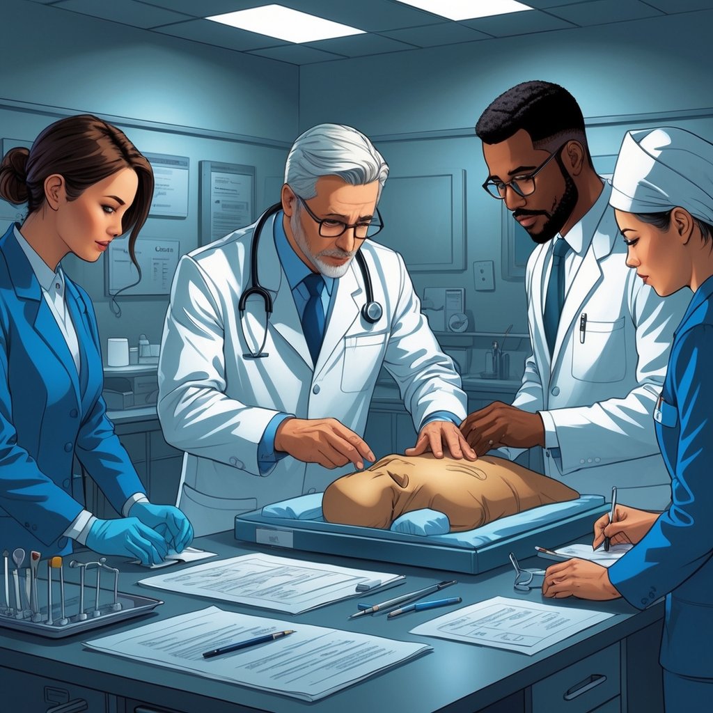 A medical examiner examines a patient while a lawyer observes and a nurse prepares instruments in a clinical examination room.