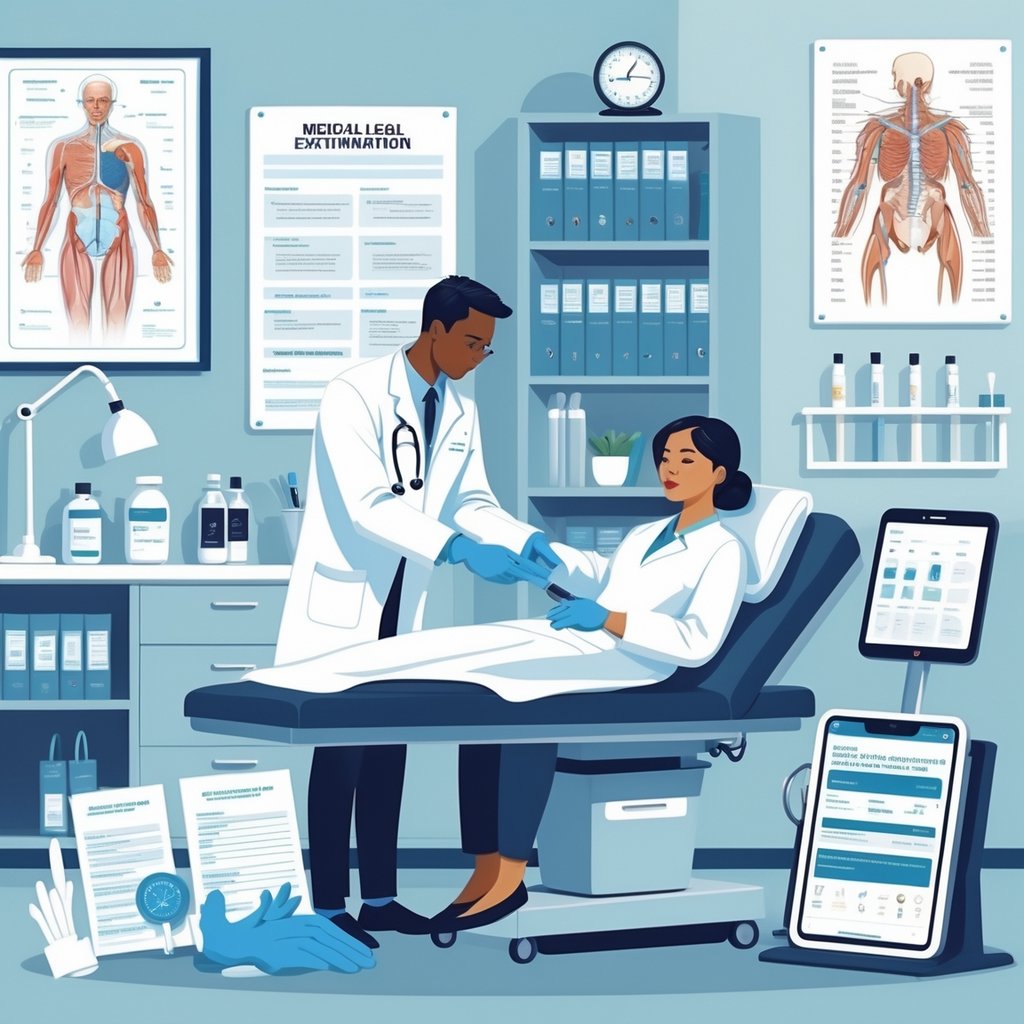A medical professional examining a patient in a clinical room with medical tools and forensic evidence nearby.