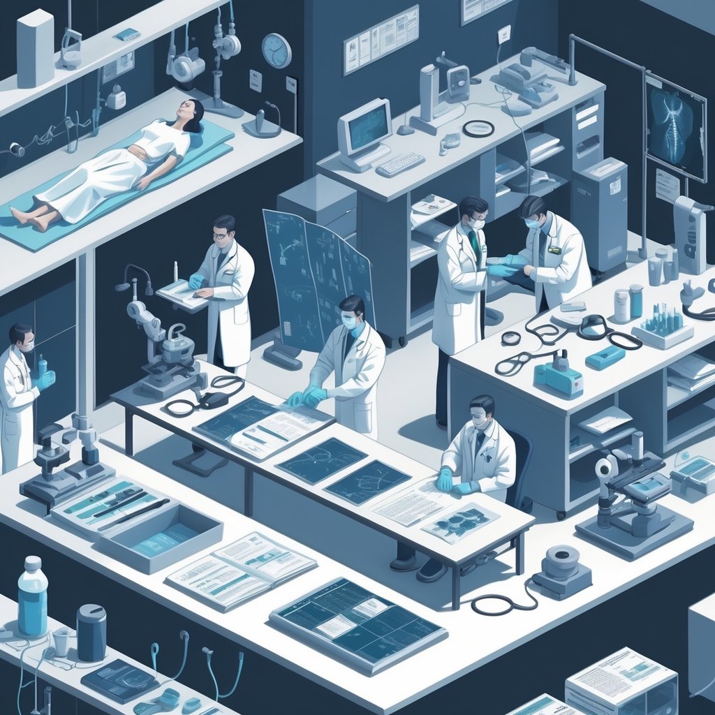 Medical professionals conducting various medical legal examinations including patient check-ups, forensic sample collection, and reviewing medical records in a clinical environment.