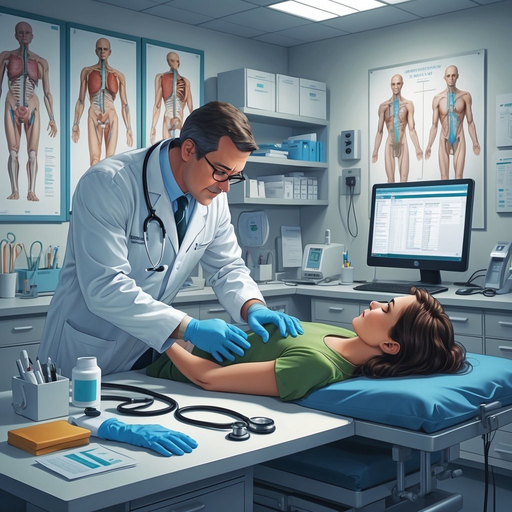 A medical examiner in a white coat carefully examining a patient in a clinical room with medical instruments and equipment around them.