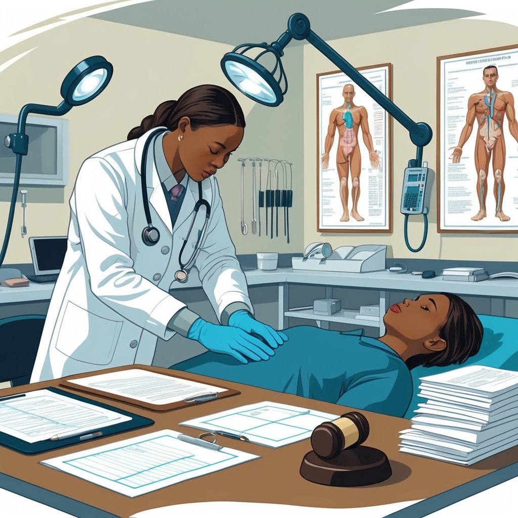 A medical examiner in a white coat examining a patient in a clinical room with medical and legal items like charts, documents, and a gavel on a desk nearby.