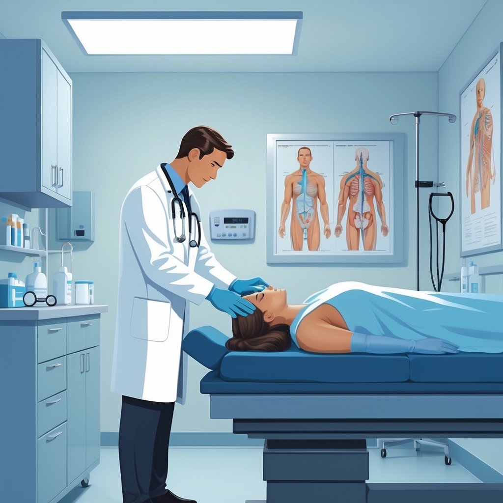A doctor in a white coat examining a patient in a clinical room with medical instruments and anatomical charts in the background.