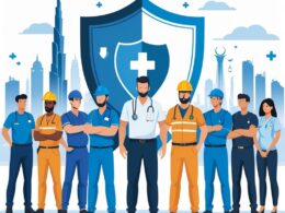 A group of diverse workers standing together with a city skyline in the background and a large protective shield symbol with medical icons overlaying them.