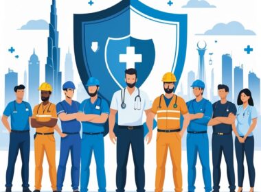 A group of diverse workers standing together with a city skyline in the background and a large protective shield symbol with medical icons overlaying them.