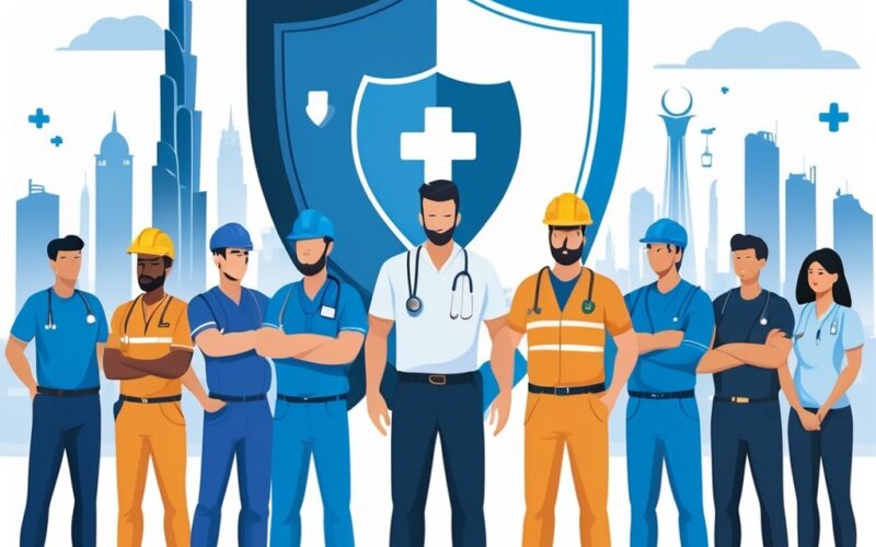 A group of diverse workers standing together with a city skyline in the background and a large protective shield symbol with medical icons overlaying them.