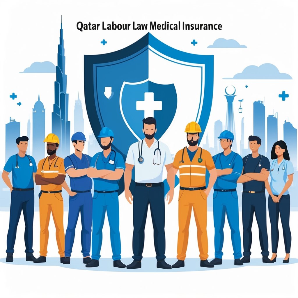 A group of diverse workers standing together with a city skyline in the background and a large protective shield symbol with medical icons overlaying them.