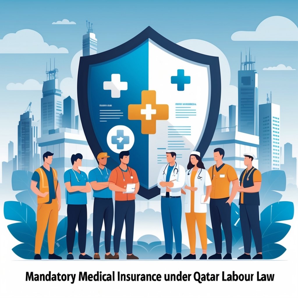 A group of diverse workers in front of Qatar's skyline with a large protective shield symbolizing medical insurance and legal protection.