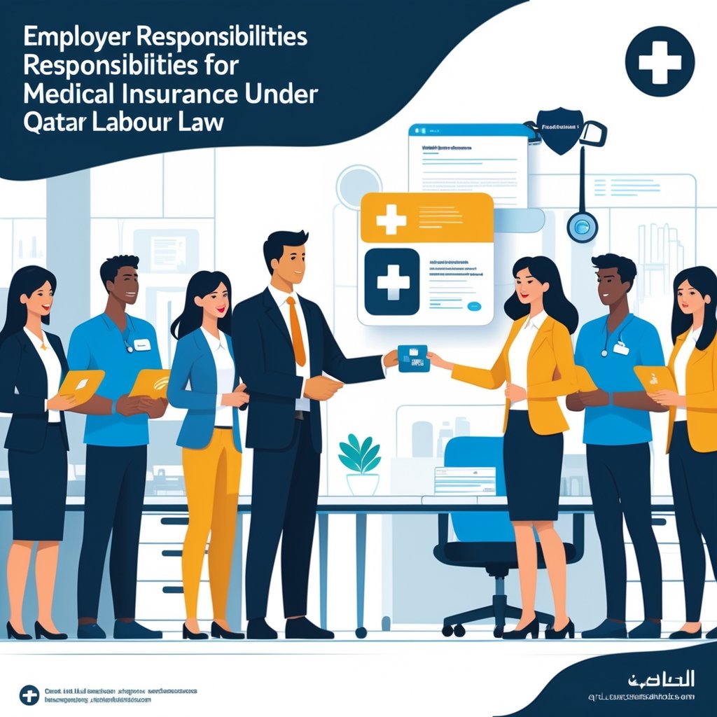An employer handing medical insurance cards to employees in an office with healthcare symbols and a Qatari flag in the background.