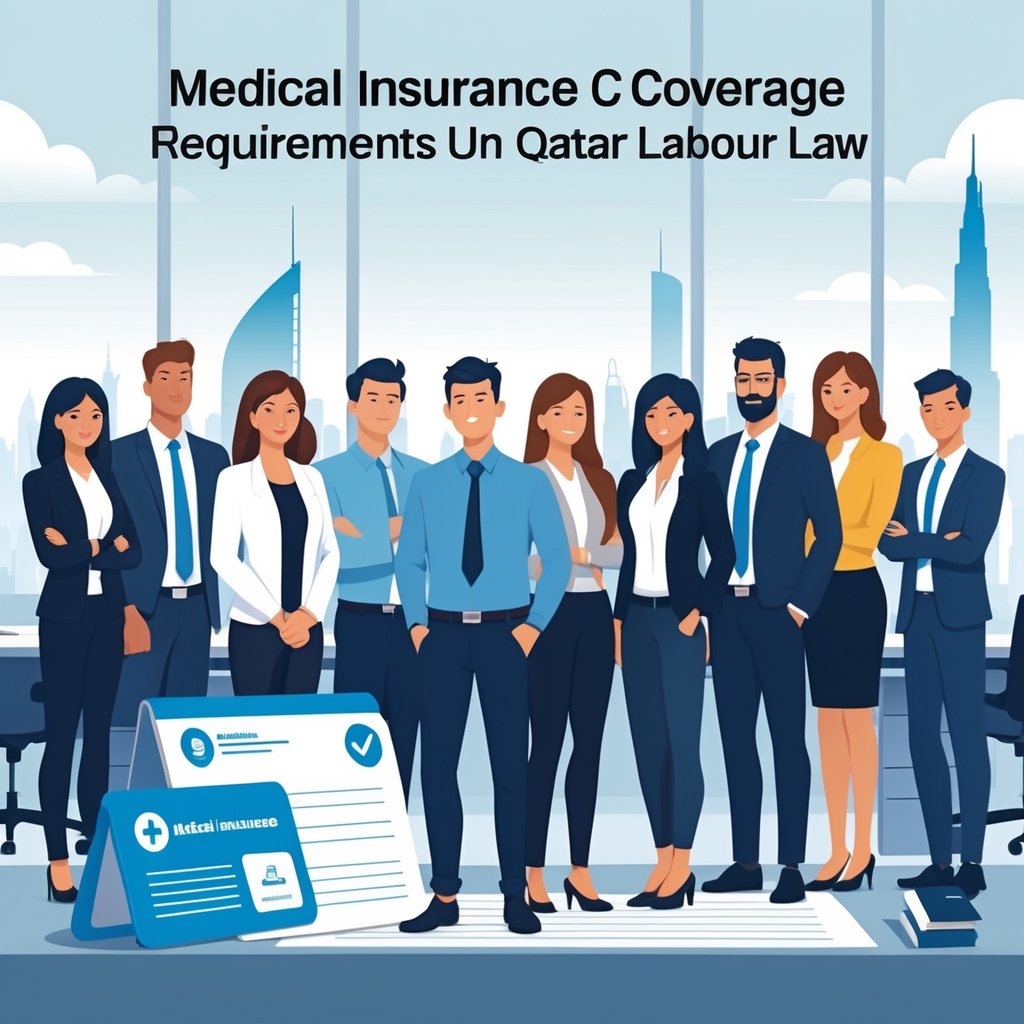 A group of diverse employees in an office with a medical insurance card and legal document on a desk, set against the Qatar skyline.