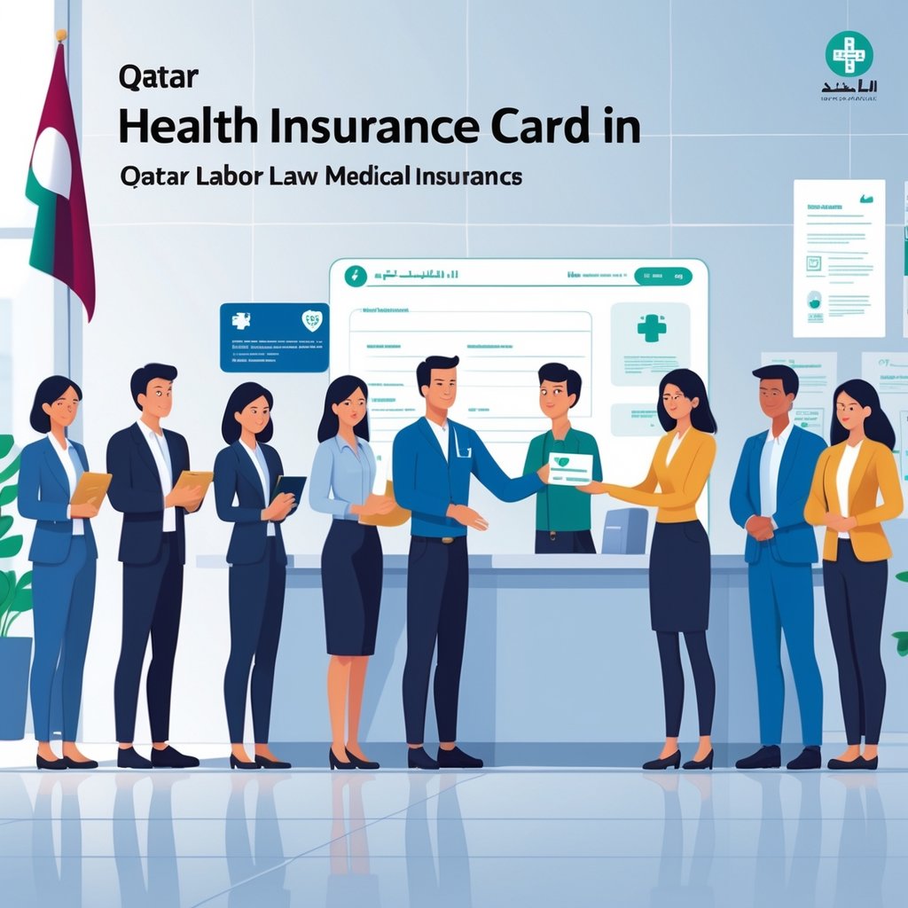 A worker receiving a health insurance card from an official at a service counter with medical and Qatar-related symbols in the background.