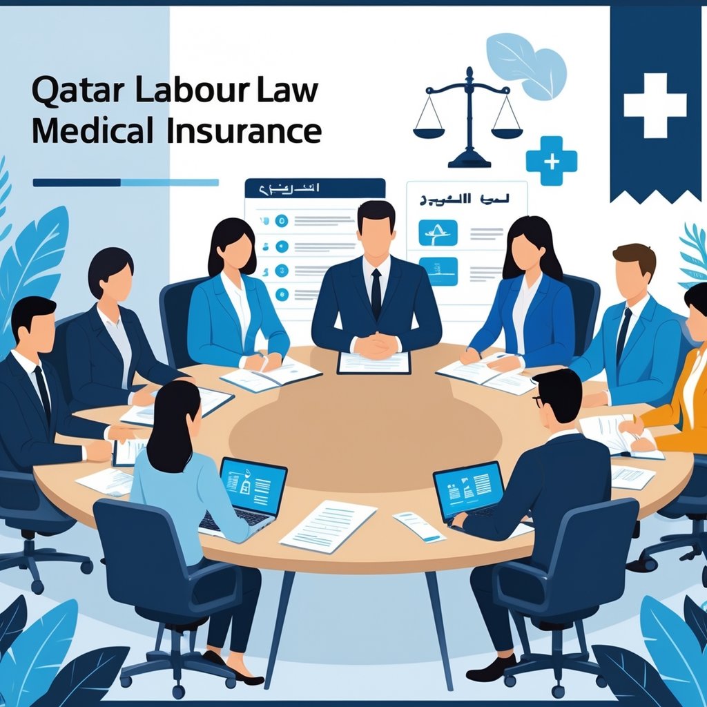 A group of employers and employees having a meeting in a modern office discussing legal and medical insurance matters related to labour law in Qatar.