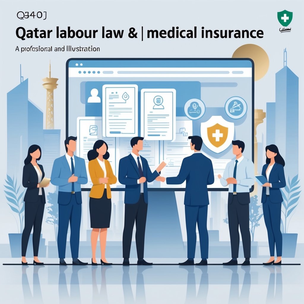 A group of business professionals discussing legal and medical insurance concepts with healthcare and legal icons on a digital screen, set against a background hinting at Qatar's skyline.