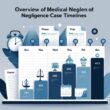 An illustration of a horizontal timeline showing different stages of a medical negligence case with icons representing medical and legal processes, surrounded by symbols of time and documents.