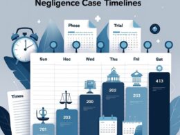 An illustration of a horizontal timeline showing different stages of a medical negligence case with icons representing medical and legal processes, surrounded by symbols of time and documents.