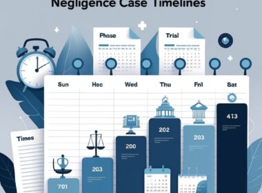 An illustration of a horizontal timeline showing different stages of a medical negligence case with icons representing medical and legal processes, surrounded by symbols of time and documents.
