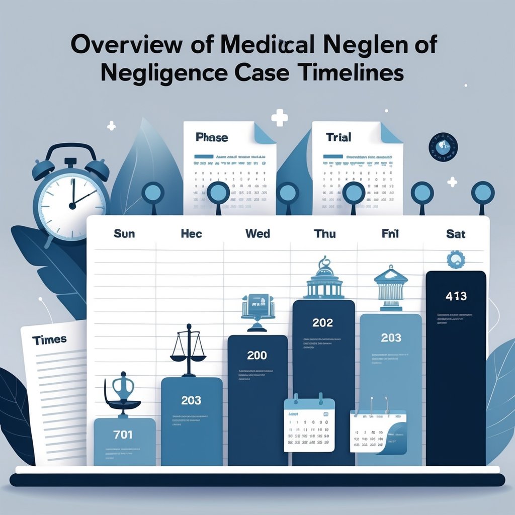 An illustration of a horizontal timeline showing different stages of a medical negligence case with icons representing medical and legal processes, surrounded by symbols of time and documents.