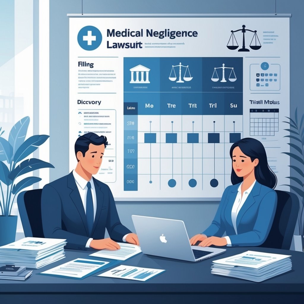A lawyer and client discussing medical documents and legal papers in an office with a timeline chart and a wall chart showing steps of a lawsuit process.
