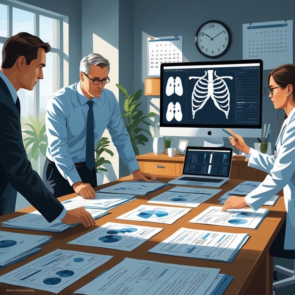 A team of legal and medical professionals reviewing documents and medical images in an office, with a calendar and clock visible in the background.