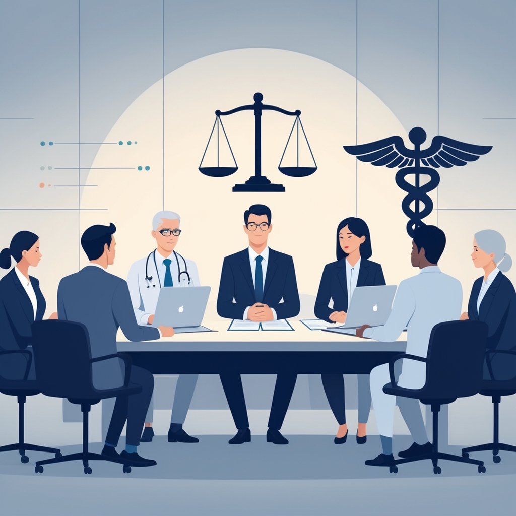 A group of professionals in a conference room having a serious discussion around a table with documents and laptops, with symbols representing law and medicine in the background.