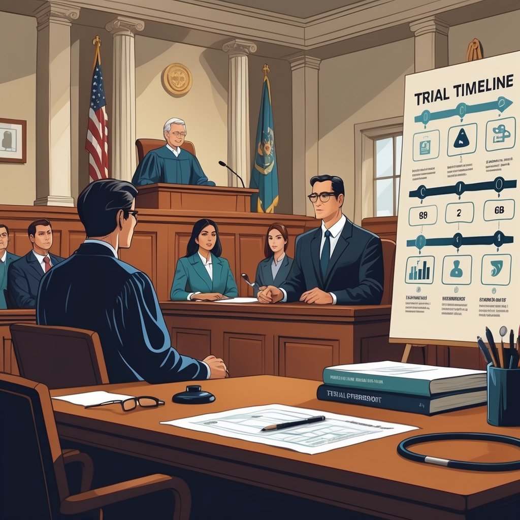 A courtroom scene with a judge, lawyers, and jury during a trial, alongside a timeline illustrating the stages and duration of medical negligence cases.