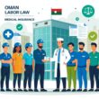 A group of workers from different industries receiving medical insurance from a healthcare professional in front of an office building with the Oman flag.