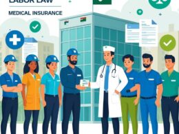 A group of workers from different industries receiving medical insurance from a healthcare professional in front of an office building with the Oman flag.
