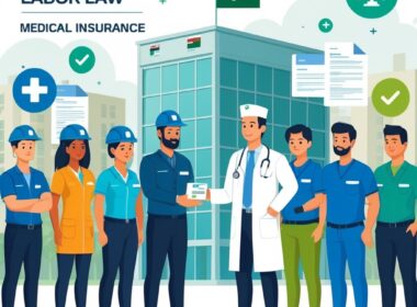 A group of workers from different industries receiving medical insurance from a healthcare professional in front of an office building with the Oman flag.