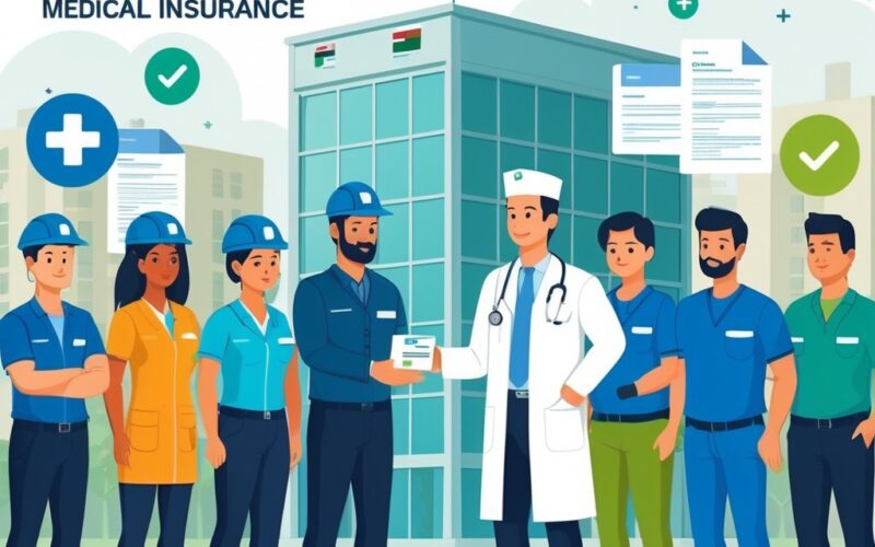 A group of workers from different industries receiving medical insurance from a healthcare professional in front of an office building with the Oman flag.