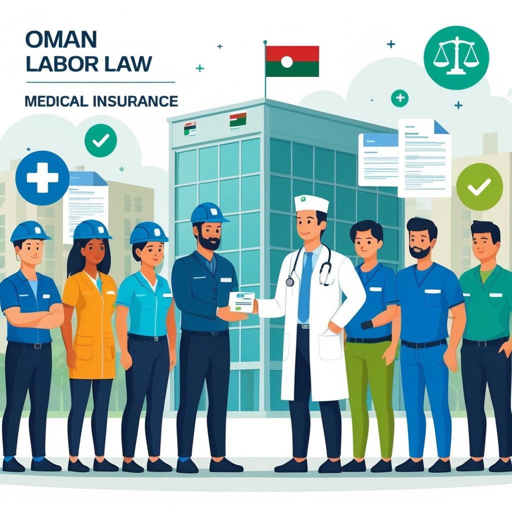 A group of workers from different industries receiving medical insurance from a healthcare professional in front of an office building with the Oman flag.
