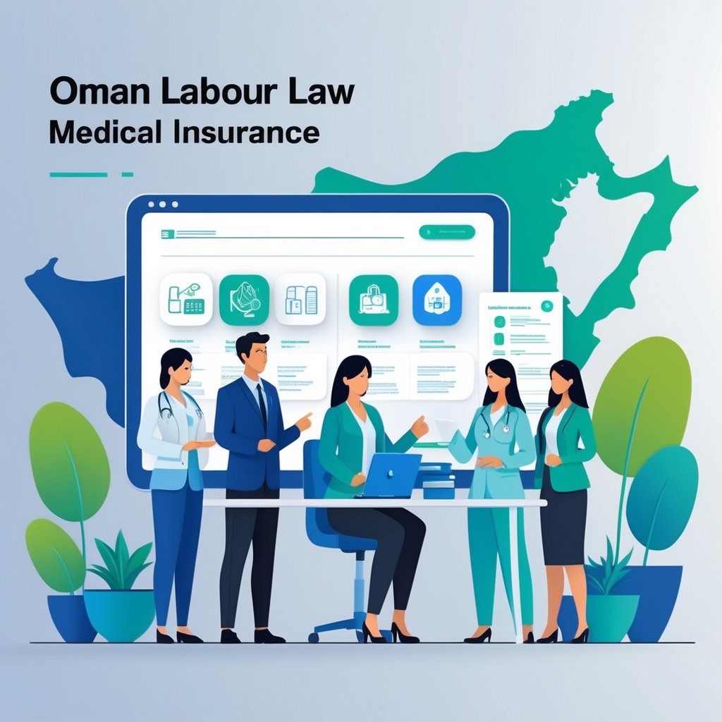 A group of professionals discussing medical insurance and labor law in an office with symbols representing healthcare and Oman in the background.