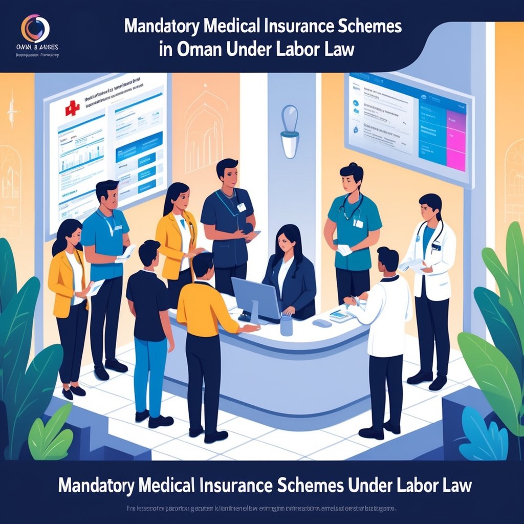A group of Omani workers and healthcare professionals in a medical facility, with elements representing medical insurance and Oman’s culture in the background.