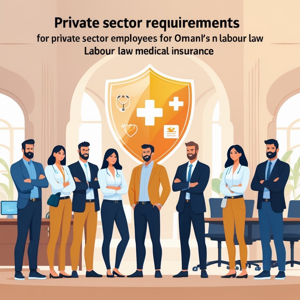 A group of diverse private sector employees standing together in an office setting with a large protective shield above them displaying medical symbols.