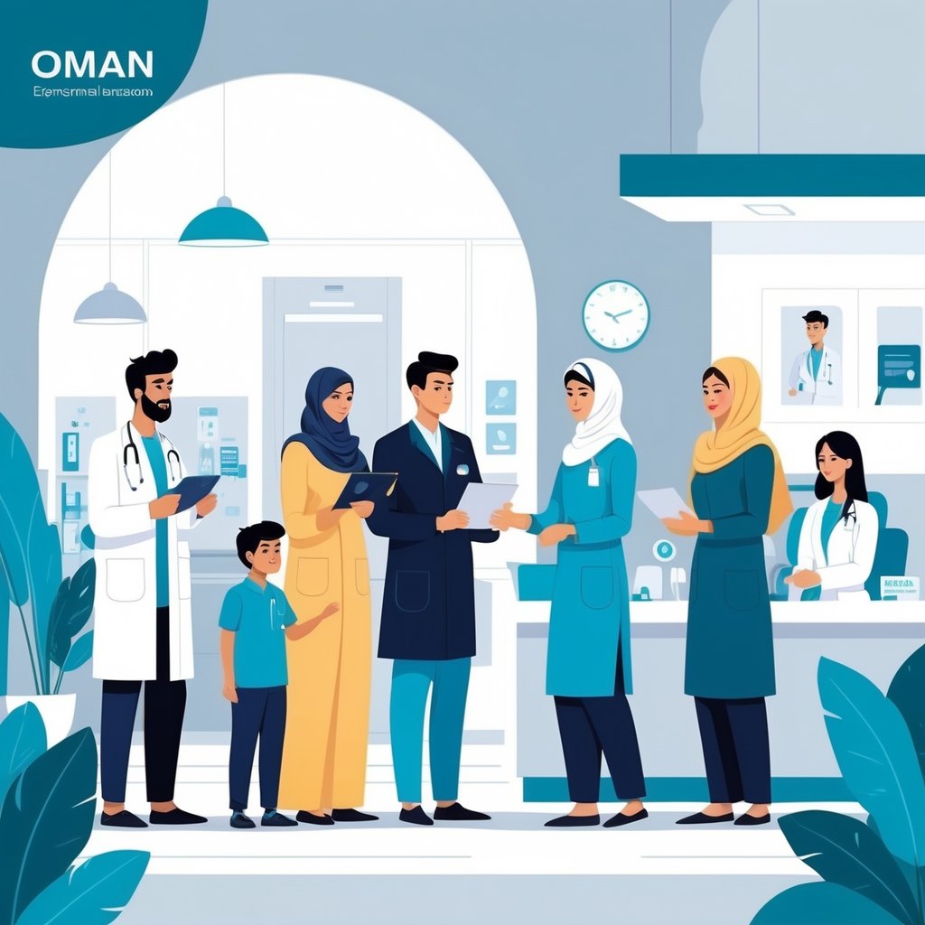 A group of expatriates receiving medical assistance in a modern clinic in Oman, with healthcare workers helping them.