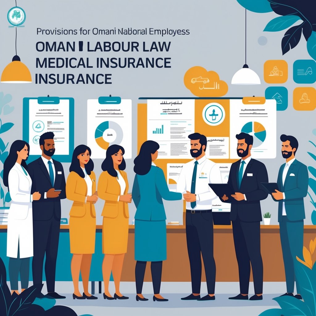 A group of Omani employees and HR representatives discussing medical insurance benefits in a modern office with Omani cultural decorations.