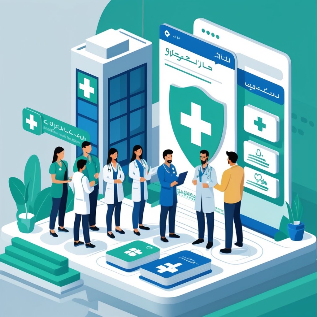 A group of employees and medical professionals in a modern healthcare setting with symbols of medical insurance and a hospital building, set against a cityscape inspired by Oman.