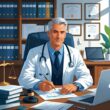 A medical legal expert in a lab coat and suit sits at a desk reviewing documents, with medical and legal items like a stethoscope, gavel, and scales of justice nearby, in an office with bookshelves and framed certificates.