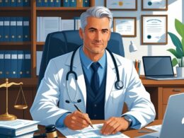 A medical legal expert in a lab coat and suit sits at a desk reviewing documents, with medical and legal items like a stethoscope, gavel, and scales of justice nearby, in an office with bookshelves and framed certificates.