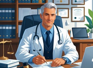 A medical legal expert in a lab coat and suit sits at a desk reviewing documents, with medical and legal items like a stethoscope, gavel, and scales of justice nearby, in an office with bookshelves and framed certificates.