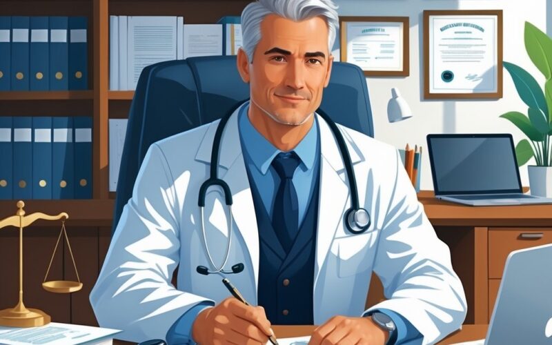 A medical legal expert in a lab coat and suit sits at a desk reviewing documents, with medical and legal items like a stethoscope, gavel, and scales of justice nearby, in an office with bookshelves and framed certificates.