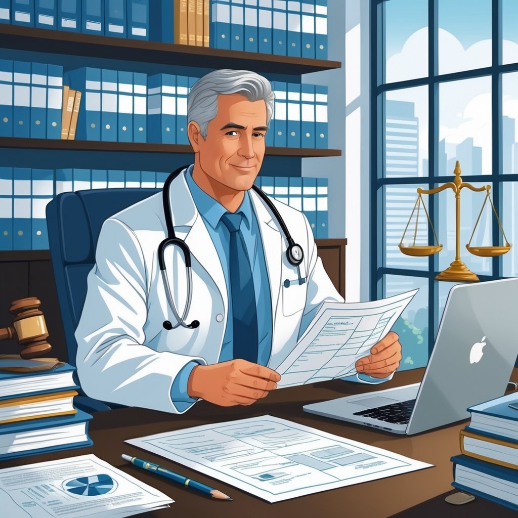 A medical legal expert reviewing documents at a desk with medical and legal items in a professional office.
