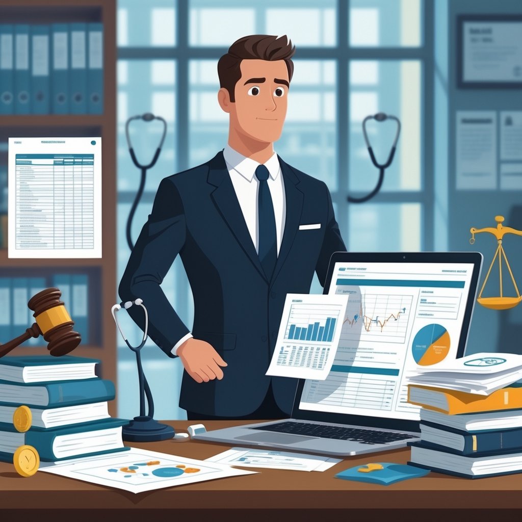 A medical-legal expert reviewing documents at a desk with medical and legal symbols around, blending a hospital and courtroom environment in the background.