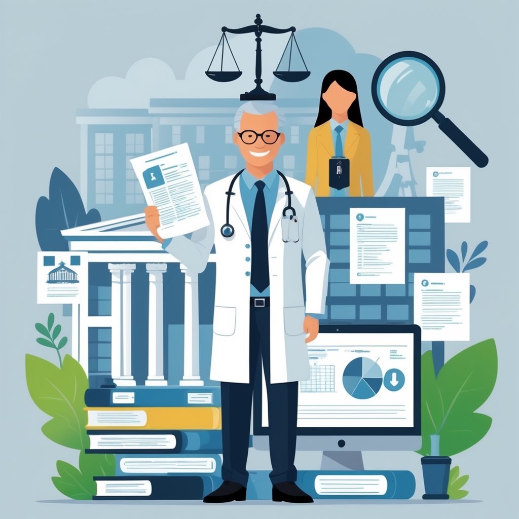 A medical legal expert in a white lab coat holding documents, surrounded by symbols of legal cases like a gavel, scales of justice, hospital, injured patient, syringe, family silhouette, and magnifying glass over medical charts in an office setting.