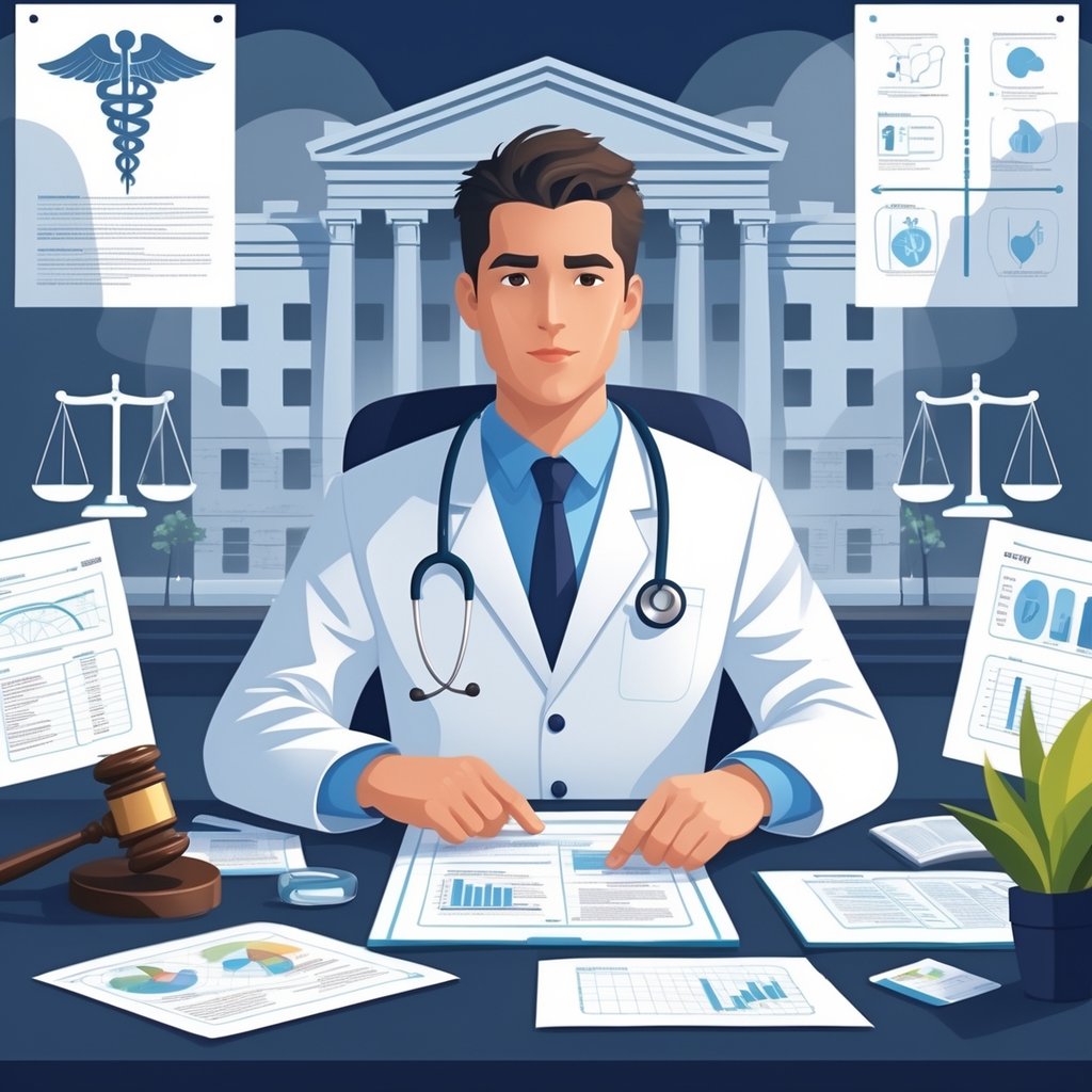 A medical legal expert in a white coat reviews documents at a desk with medical and legal symbols around them, including a scale of justice and anatomical charts, with a hospital and courthouse faintly visible in the background.