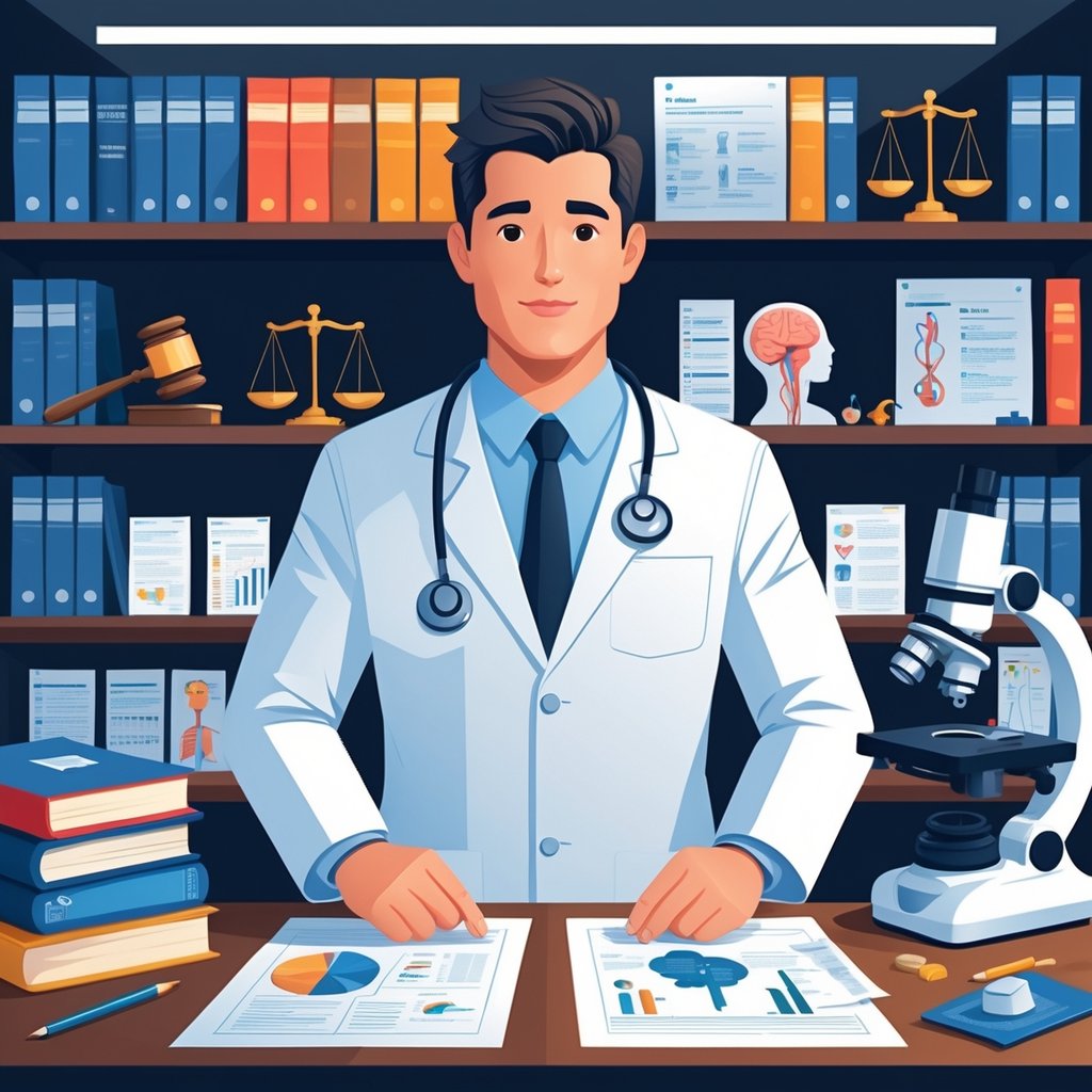 A medical legal expert in a white coat reviewing documents at a desk surrounded by medical and legal symbols like scales of justice, legal books, and medical charts.