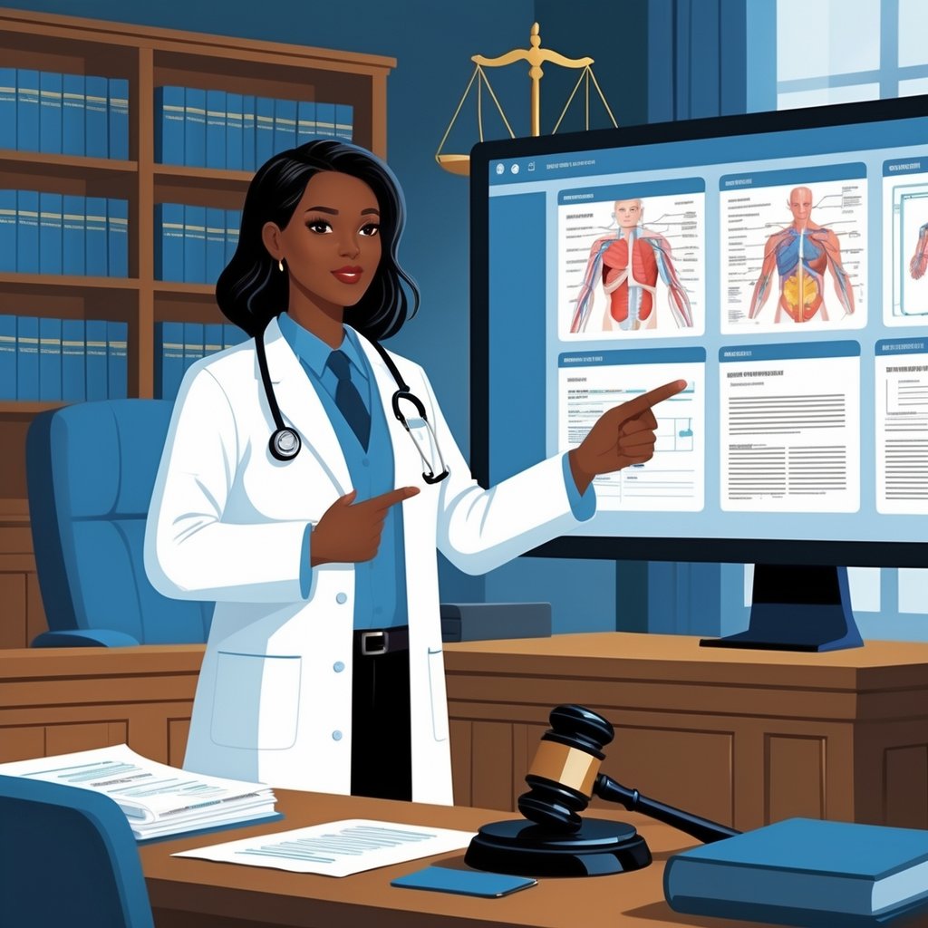 A medical legal expert in a white coat stands in a courtroom holding a medical report, with a judge's bench, law books, and legal symbols in the background.